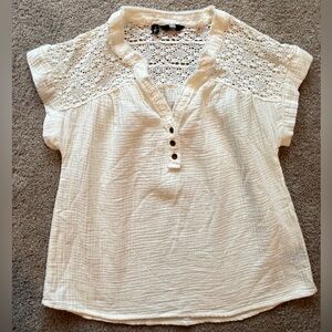 NWT Frye Split V-Neck Cotton Gauze Henley Ivory Boho Crochet Panel Top, Medium